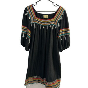 Ramona Rull 1970s Dress Womens Black Multi Tassle Striped Square Neck Metallic *